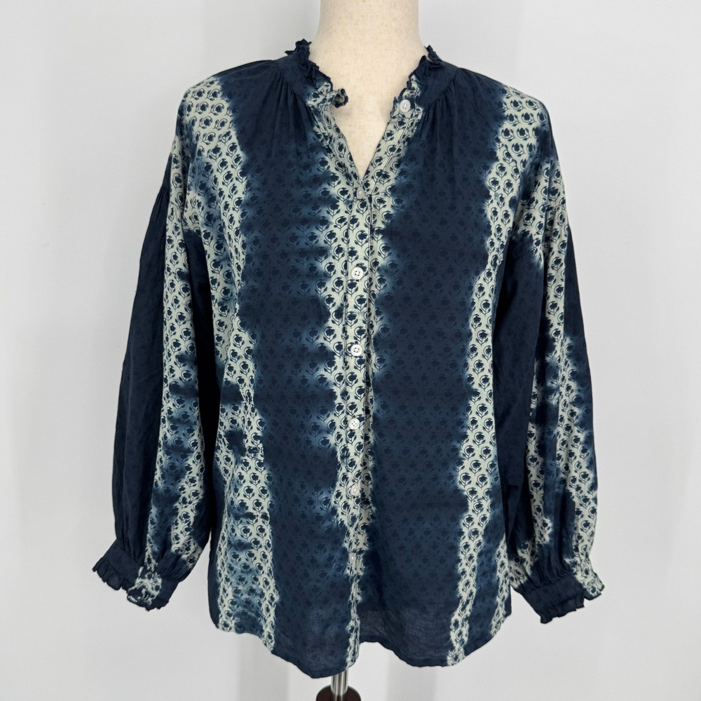 Madison Mathews Tie Dye Button Front Top Medium Navy Blue Boho Coastal Cotton